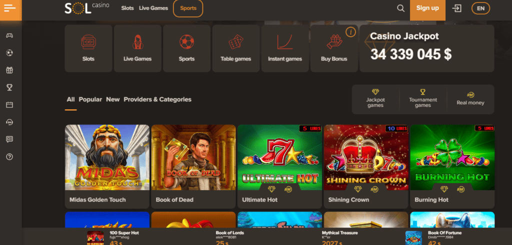 sol casino lobby screenshot